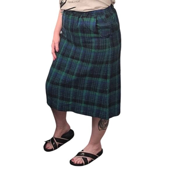 VTG Green Blue Plaid High Rise Pull On Wool Blend Midi Skirt Size 14 (*Large) - Picture 7 of 15